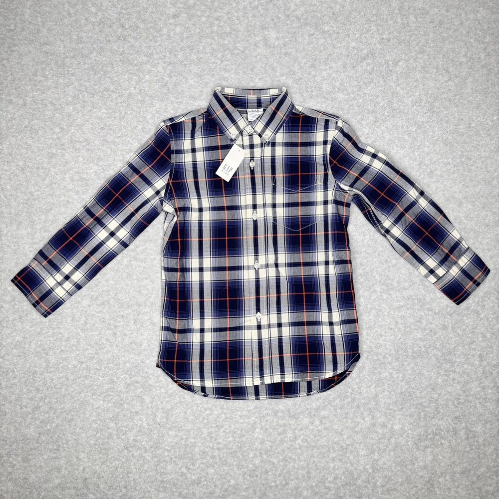 GAP Button Up Shirt Boys 4-5 Blue Plaid Checkered Organic Cotton Casual